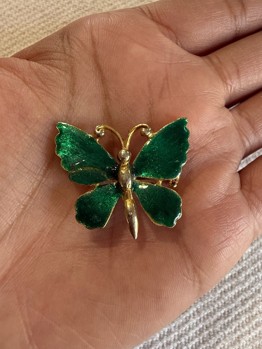 Vintage translucent green guilloché-style enamel butterfly brooch
